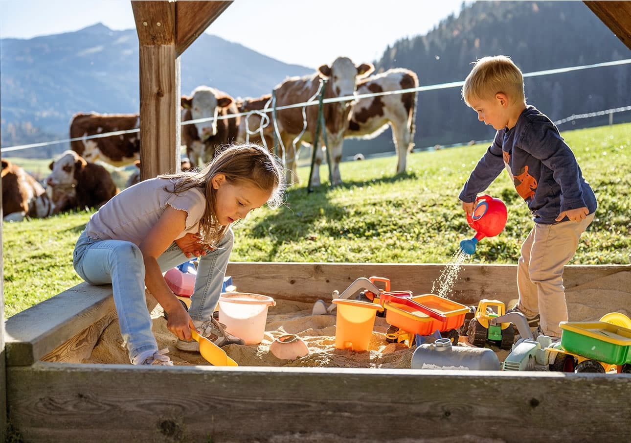 Zwei Kinder spielen im Sandkasten auf einer Wiese mit Kühen im Hintergrund