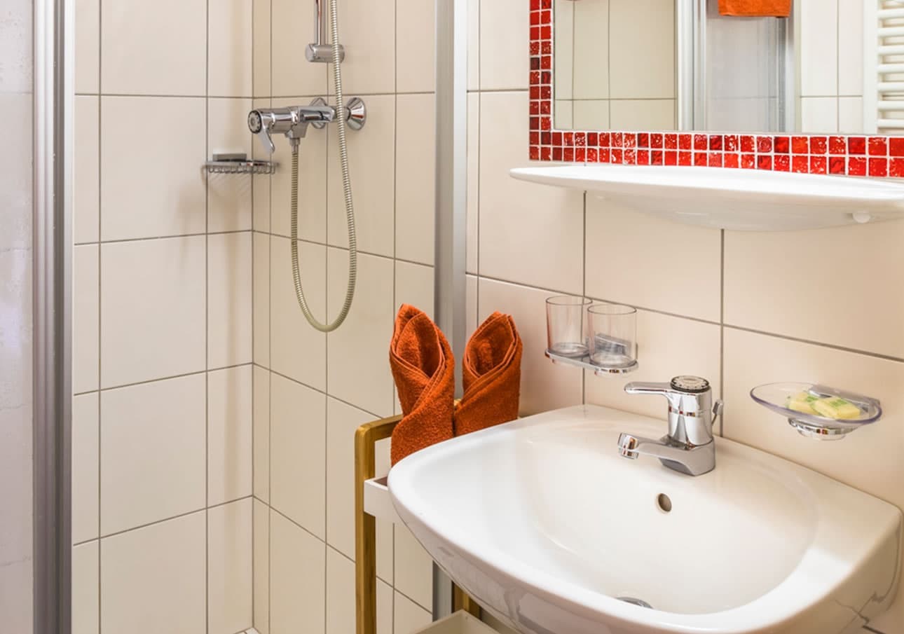 Small bathroom with a sink, red-tiled mirror, and corner shower
