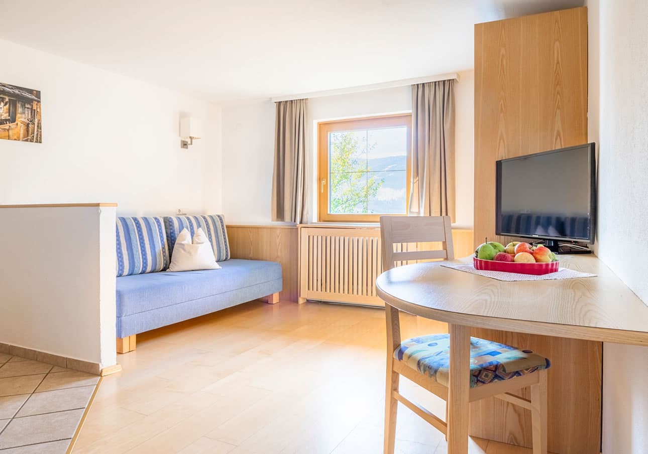 Bright room with a blue sofa, wooden table, and fruit bowl on a peaceful afternoon