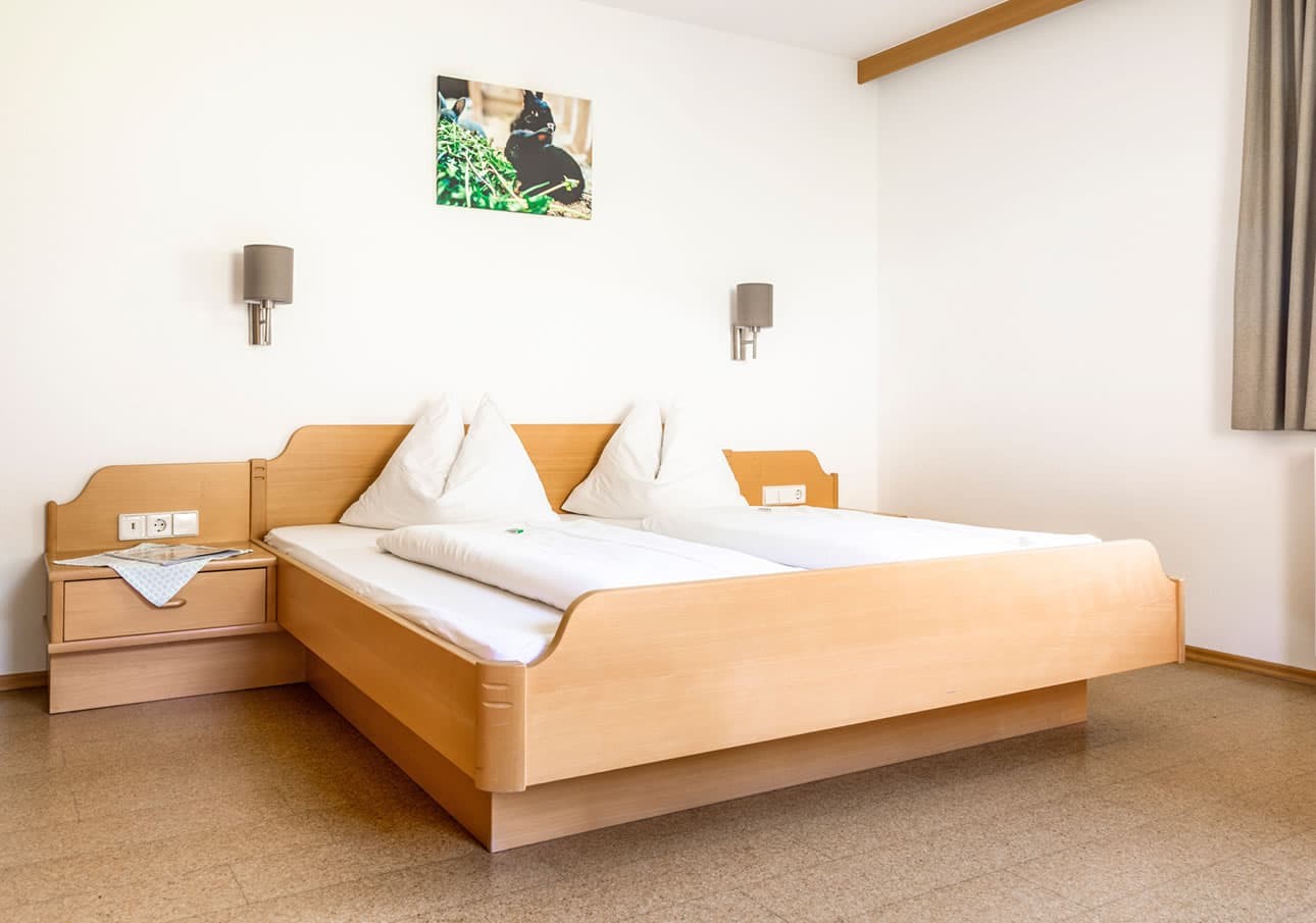 Simple hotel room with a wooden double bed and cat picture on the wall
