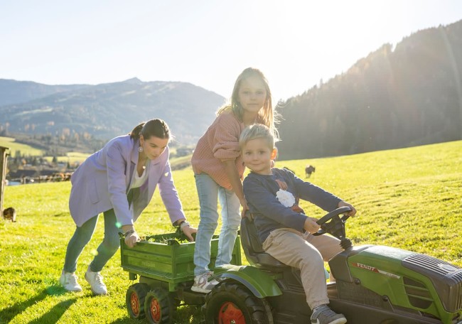 Eine Frau schiebt Kinder auf einem Spielzeugtraktor über eine sonnige Wiese