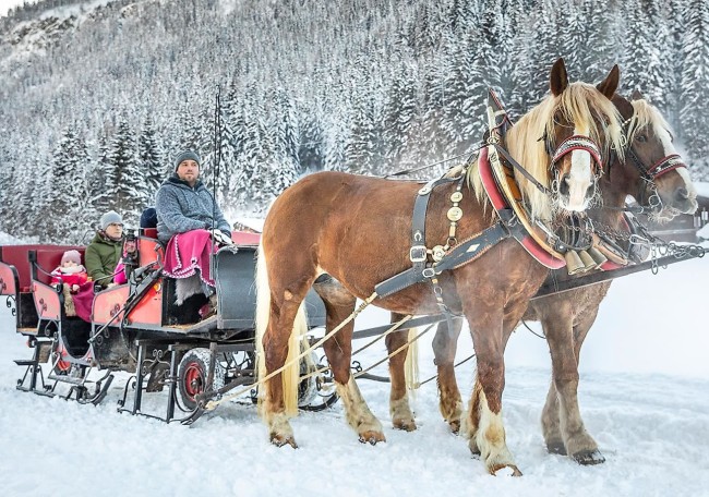 Pferdeschlittenfahrt im Schnee mit zwei Erwachsenen und einem Kind