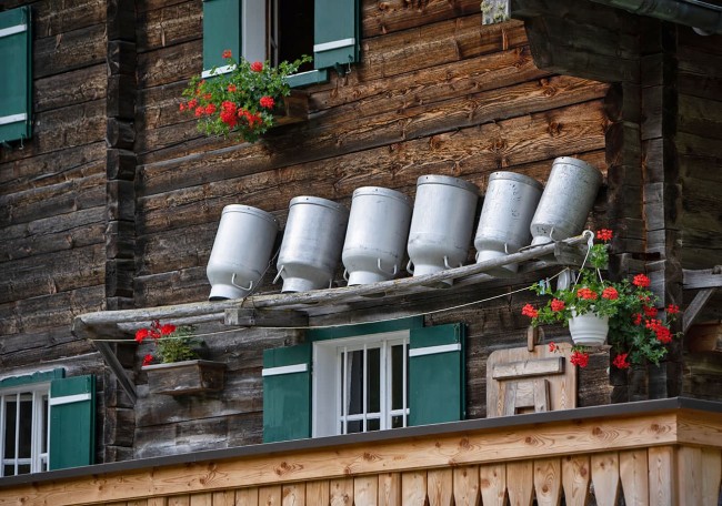 Sechs Milchkannen stehen auf einem Holzbalken an einem Gebäude mit grünen Fensterläden