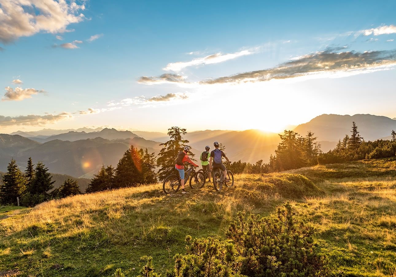 Friends ride in the forest during a mountain bike tour in Flachau